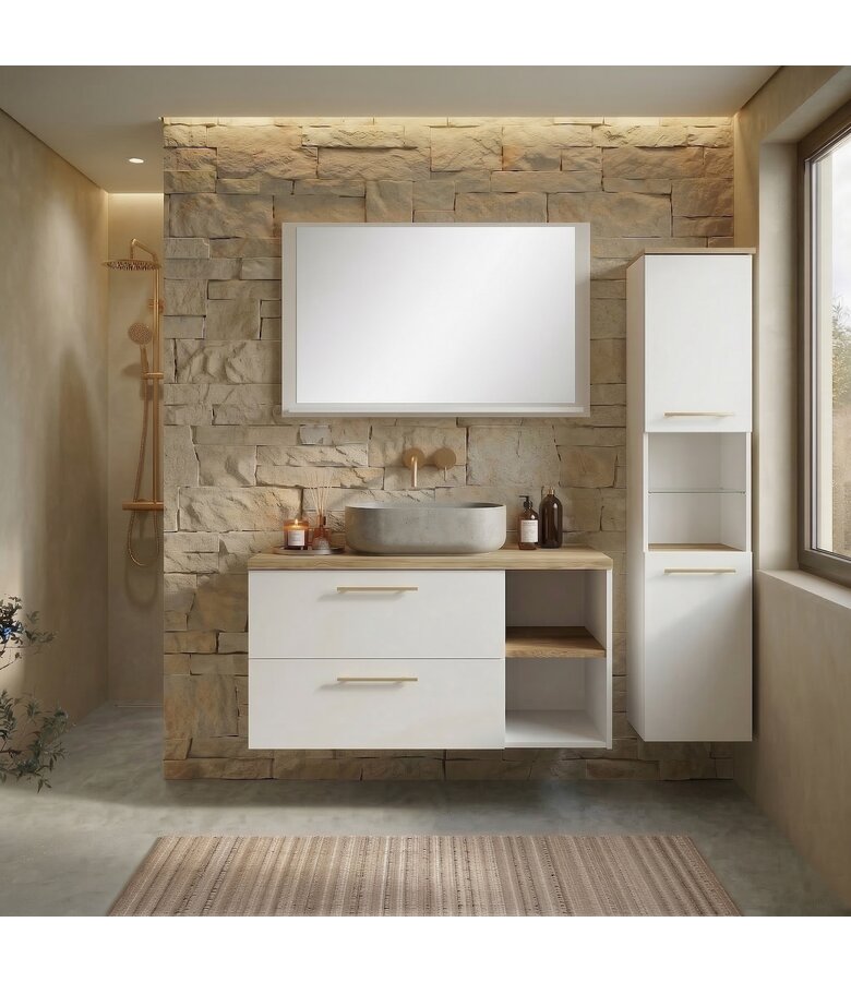 Badkamermeubel Bravos 100cm complete set met spiegel - wit met eiken