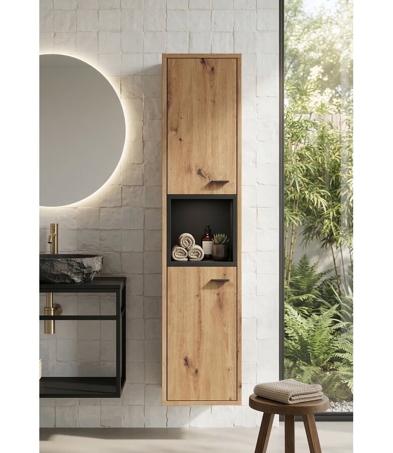 Badkamerkast Oliver 30 x 30 x 133 cm - eiken met zwart
