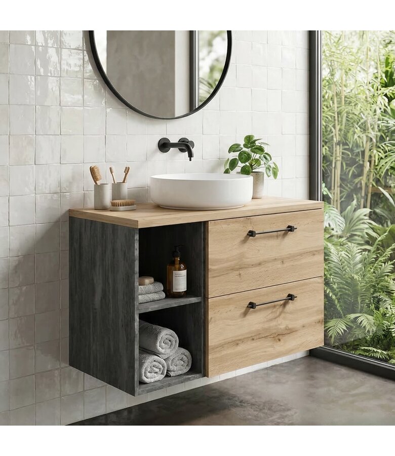 Wastafelkast Muro 90cm - eiken - met bovenblad en opbergvak