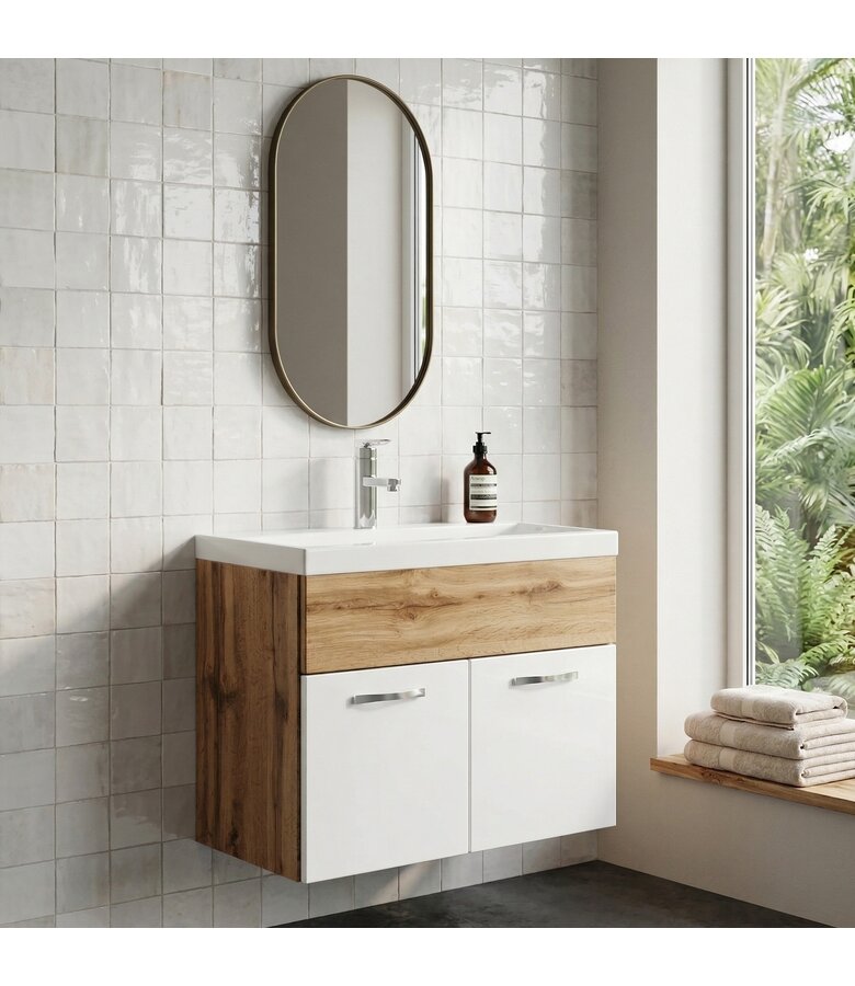 Badkamermeubel Montreal 01 60cm met wastafel - eiken met wit