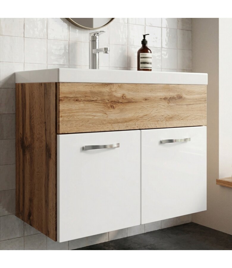 Badkamermeubel Montreal 01 60cm met wastafel - eiken met wit