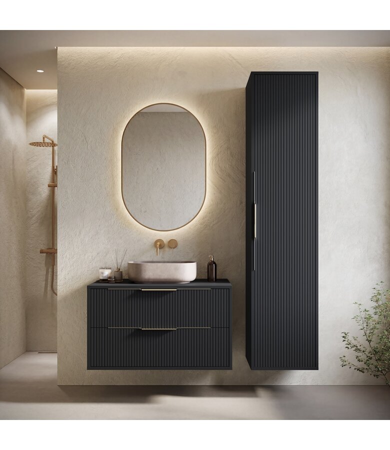 Wastafelkast Rimini met kolomkast - 80 x 46 x 46 cm - mat zwart