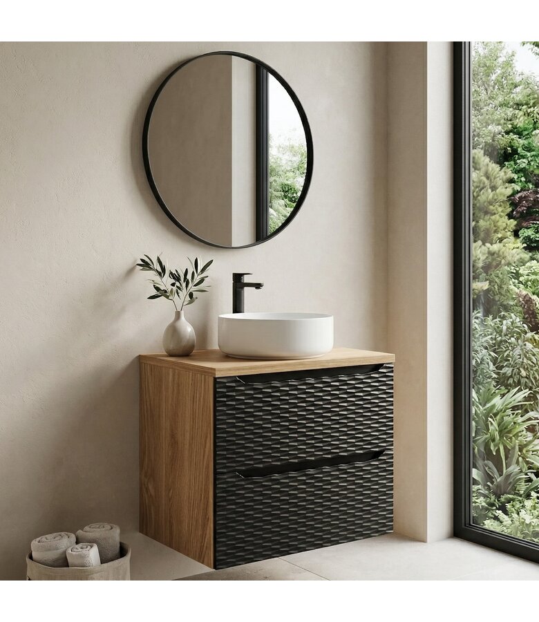 Wastafelkast Ocean met blad - 60 x 46 x 59 cm - mat zwart met eiken