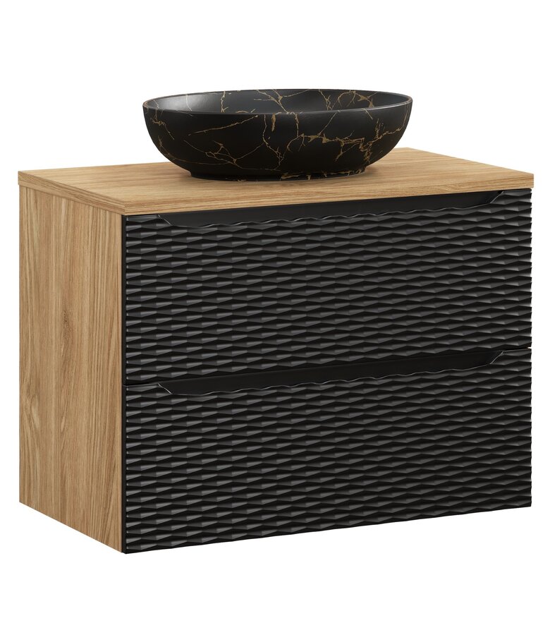 Wastafelkast Ocean met blad - 80 x 46 x 59 cm - mat zwart met eiken