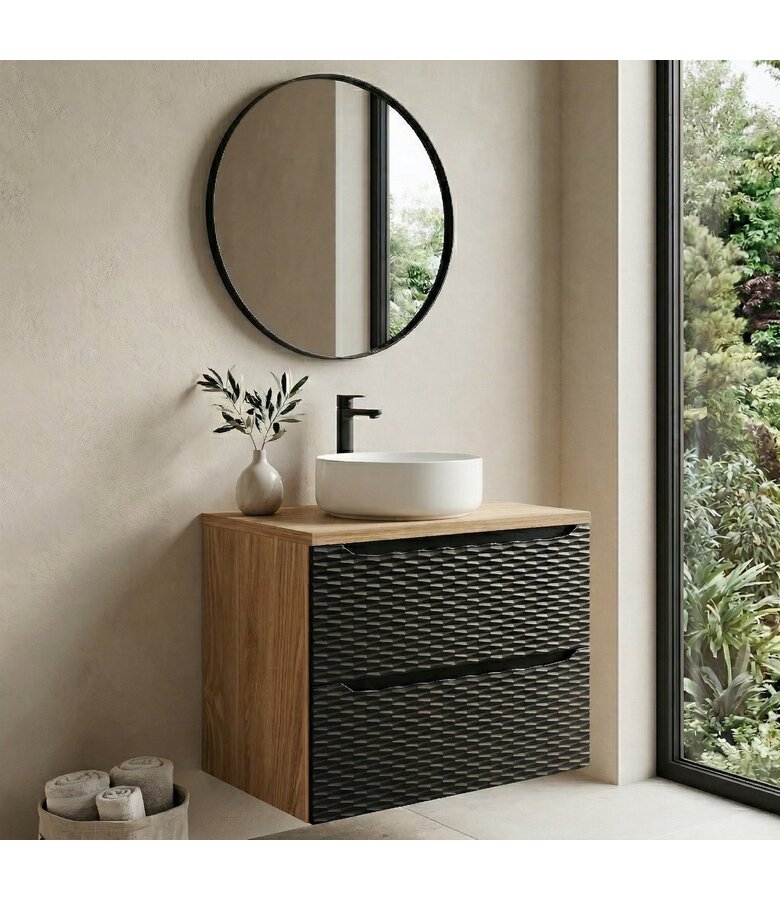 Wastafelkast Ocean met blad - 80 x 46 x 59 cm - mat zwart met eiken