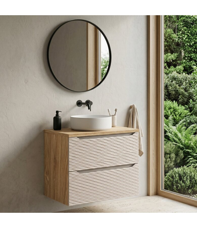 Wastafelkast Ocean met blad - 60 x 46 x 59 cm - beige met eiken