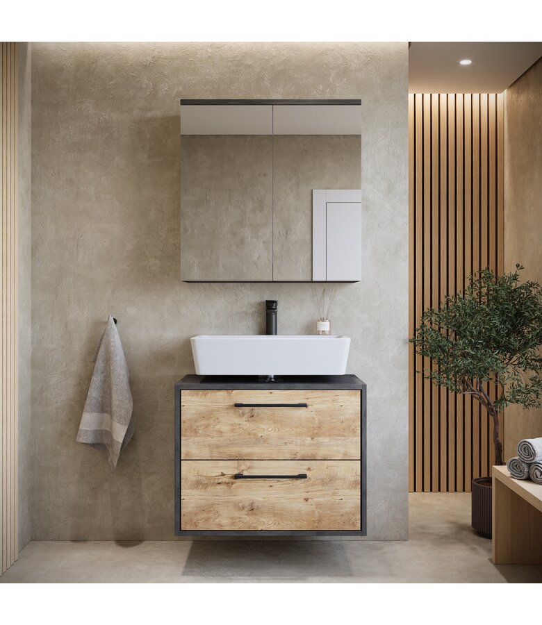 Wastafelkast Florence 60cm met spiegelkast - kastanje eiken met donker grijs