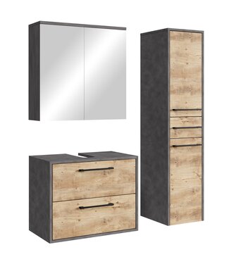 Wastafelkast Florence 60cm complete set met spiegelkast en kolomkast - kastanje eiken met donker grijs