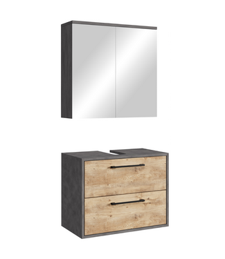 Wastafelkast Florence 60cm met spiegelkast - kastanje eiken met donker grijs