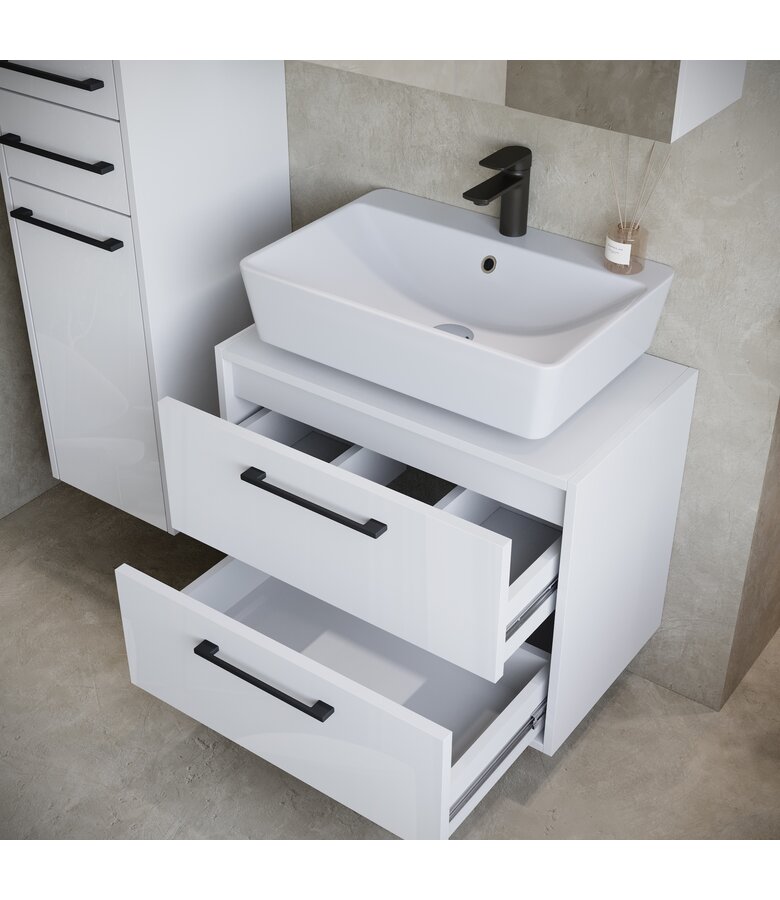 Wastafelkast Florence 60cm complete set met spiegelkast en kolomkast - hoogglans wit