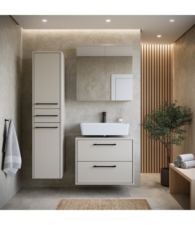 Wastafelkast Florence 60cm complete set met spiegelkast en kolomkast - beige