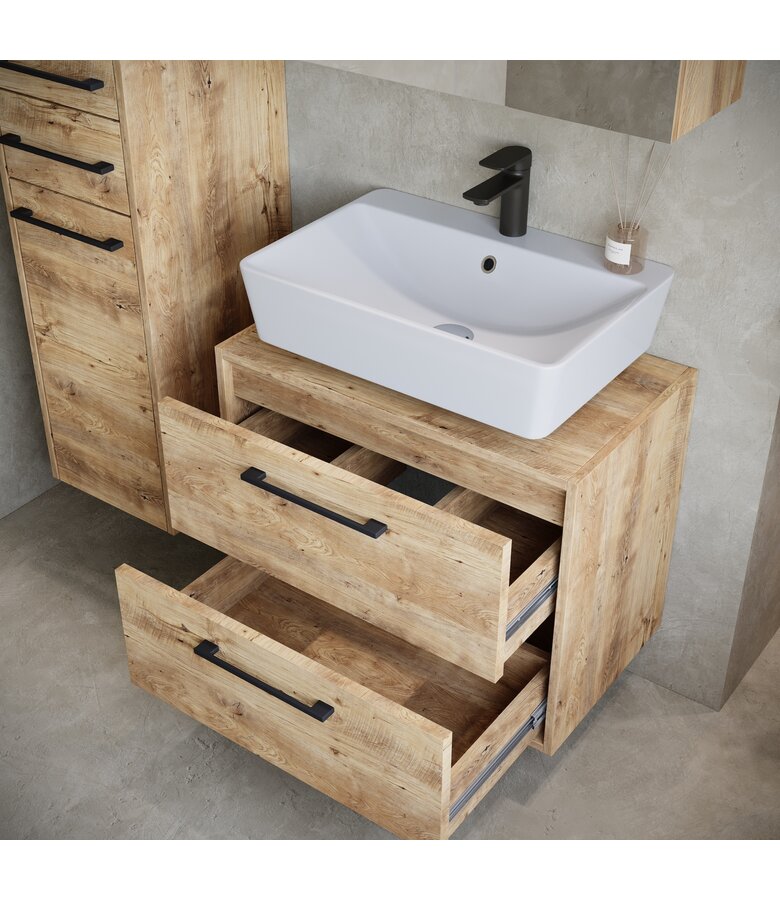 Wastafelkast Florence 60cm complete set met spiegelkast en kolomkast - kastanje eiken