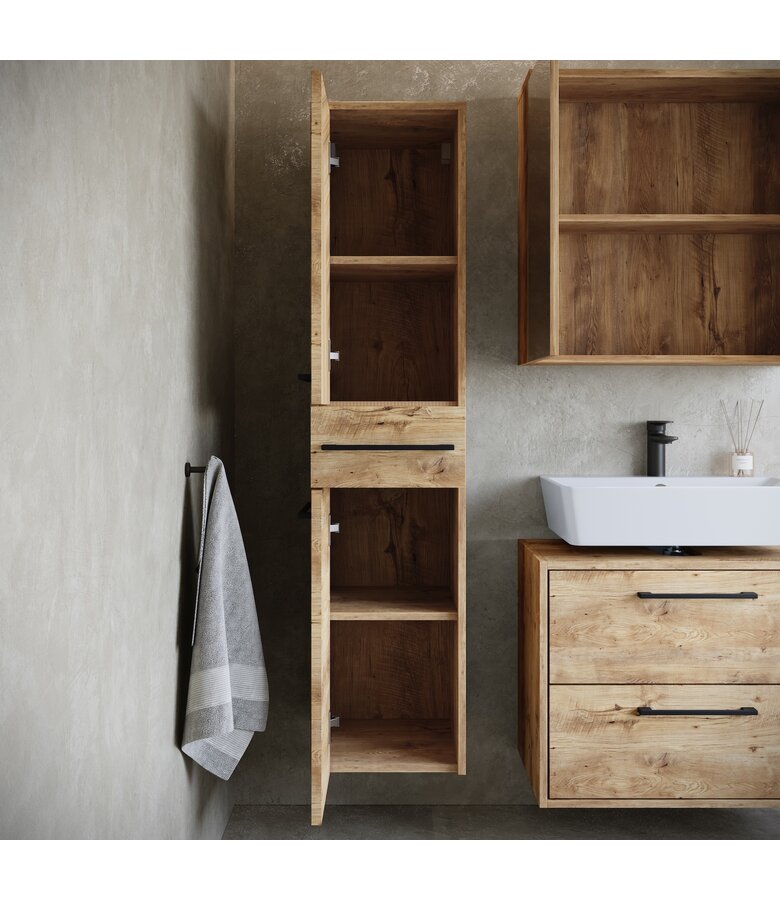 Wastafelkast Florence 60cm complete set met spiegelkast en kolomkast - kastanje eiken