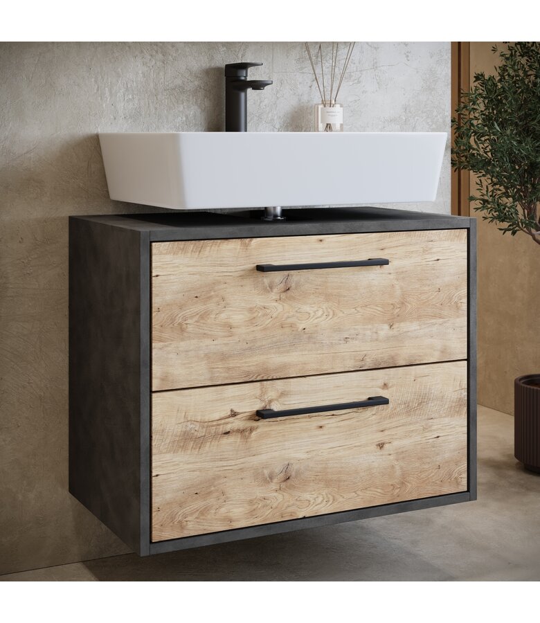 Wastafelkast Florence 60cm complete set met spiegelkast en kolomkast - kastanje eiken met donker grijs