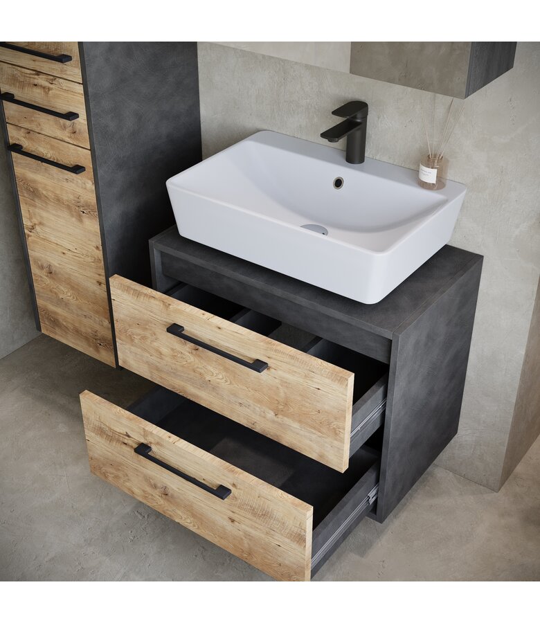Wastafelkast Florence 60cm complete set met spiegelkast en kolomkast - kastanje eiken met donker grijs