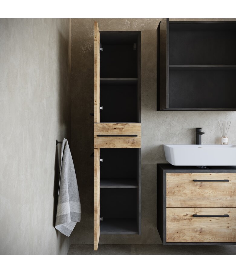Wastafelkast Florence 60cm complete set met spiegelkast en kolomkast - kastanje eiken met donker grijs