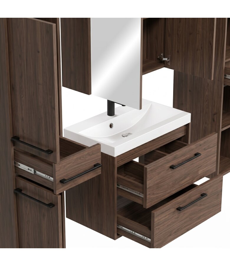 Badkamermeubel Florence 60cm XL set met spiegelkast - walnoot bruin