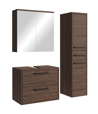 Wastafelkast Florence 60cm complete set met spiegelkast en kolomkast - walnoot bruin