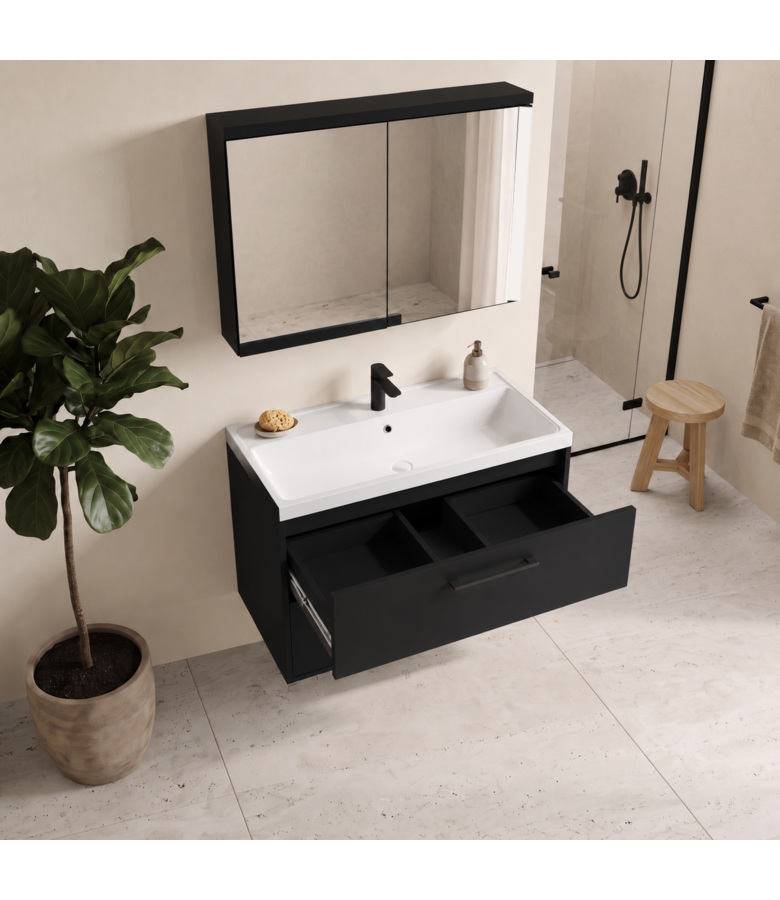 Badkamermeubel Florence 01 80cm met spiegelkast - mat zwart