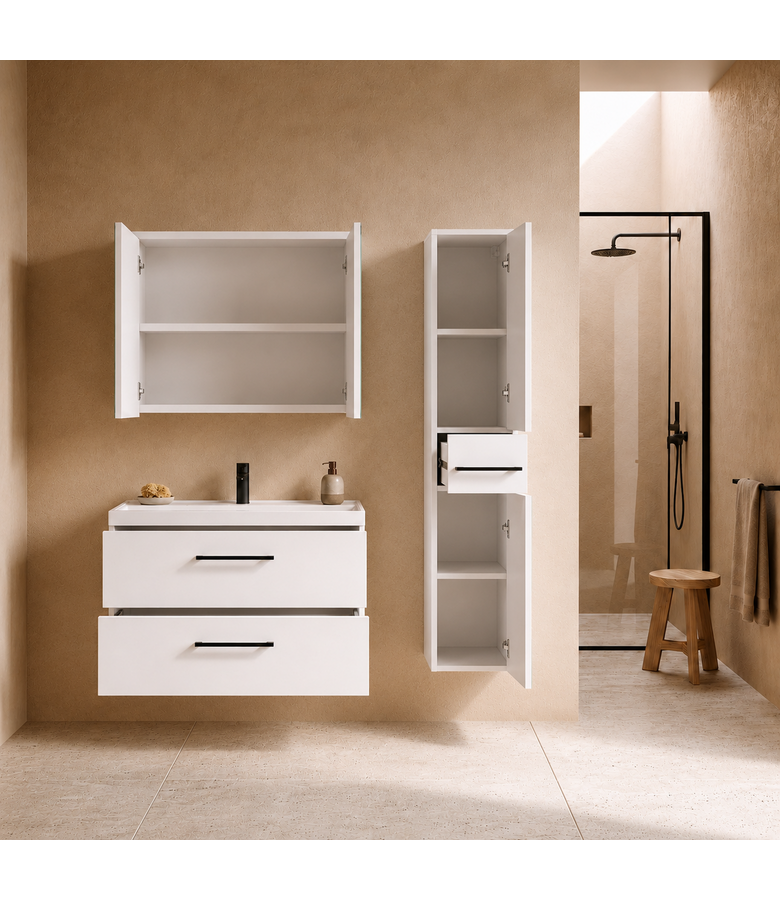 Badkamermeubel Florence 80cm complete set met spiegelkast - hoogglans wit