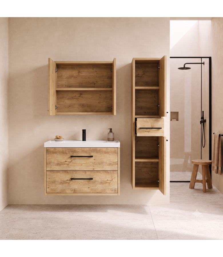 Badkamermeubel Florence 80cm complete set met spiegelkast - kastanje eiken