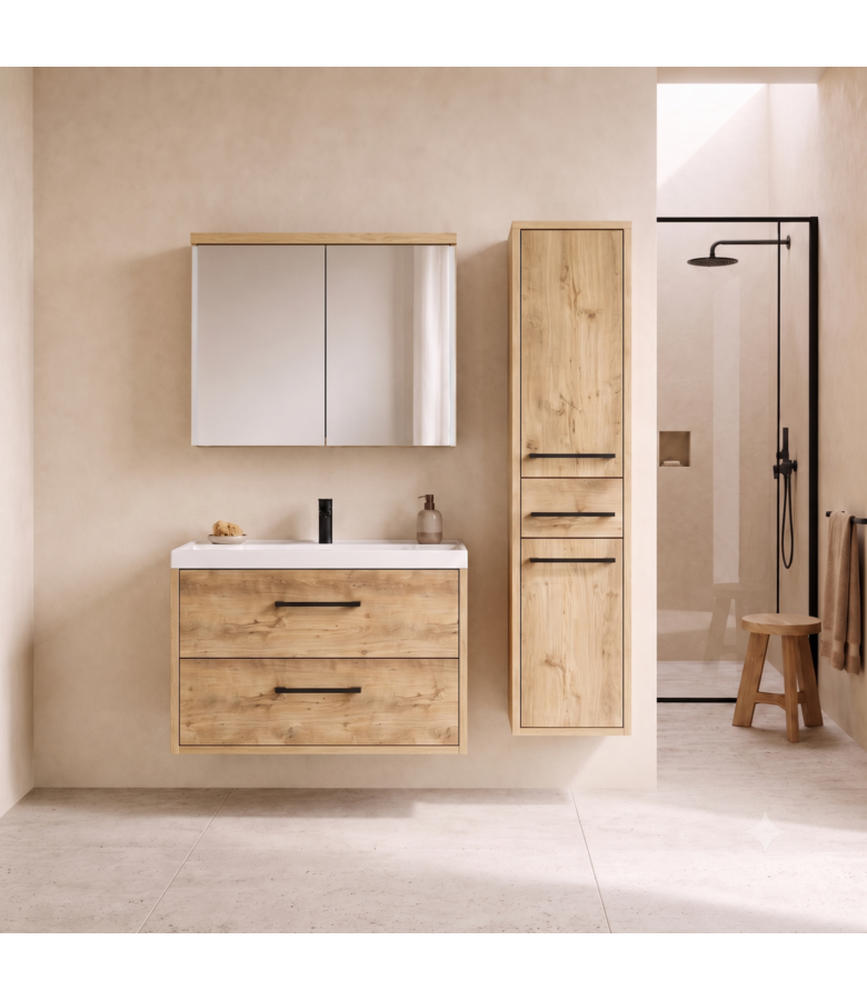 Badkamermeubel Florence 80cm complete set met spiegelkast - kastanje eiken