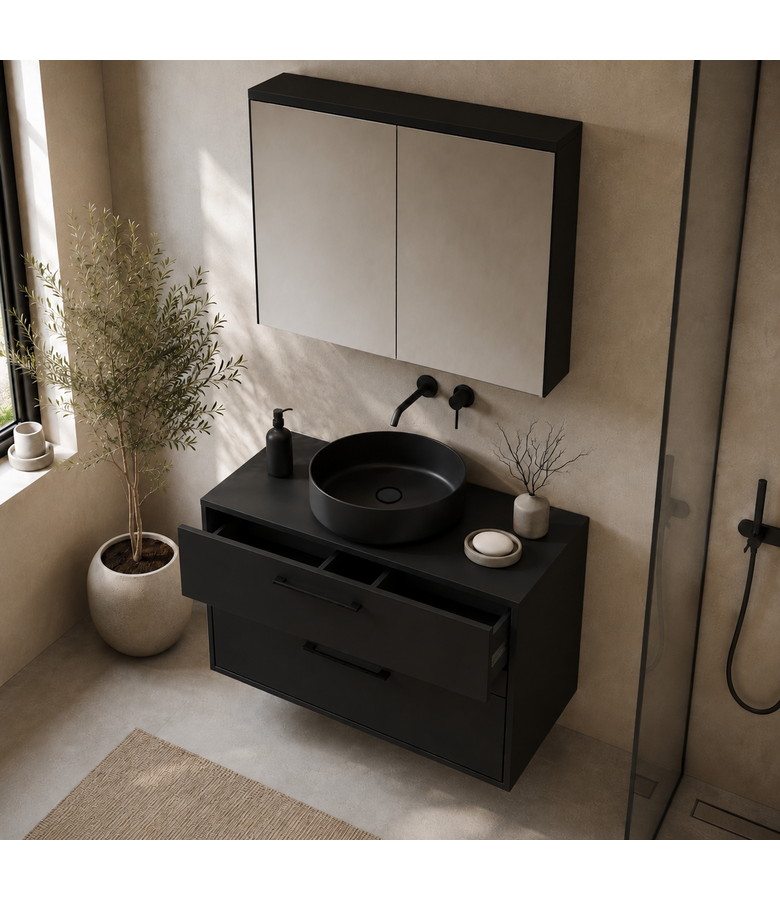 Wastafelkast Florence 80cm met spiegelkast - mat zwart