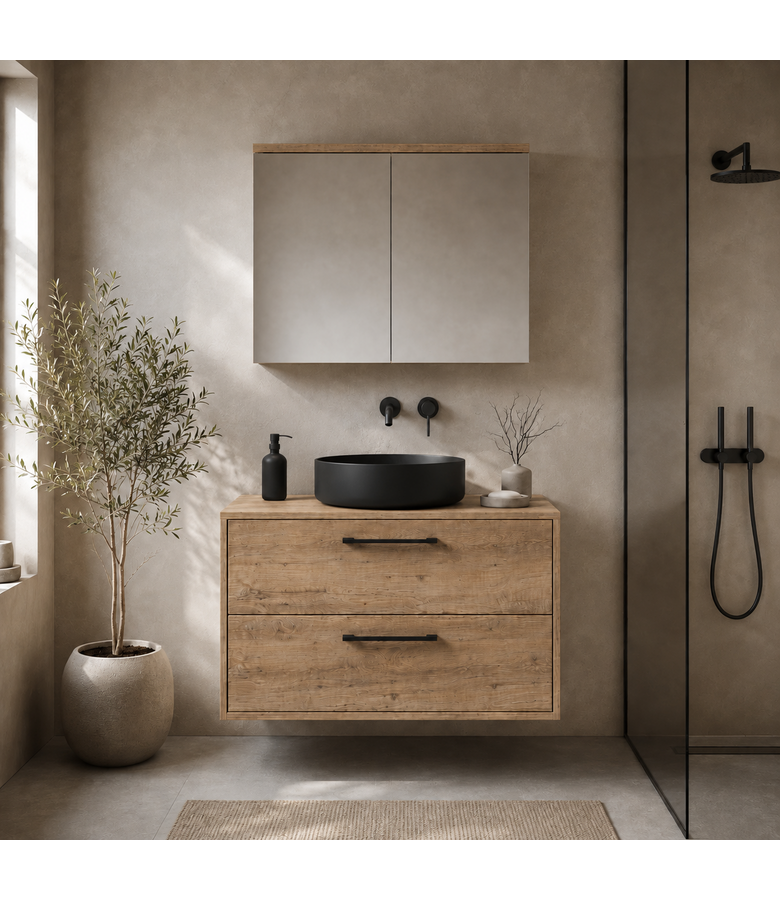 Wastafelkast Florence 80cm met spiegelkast - kastanje eiken