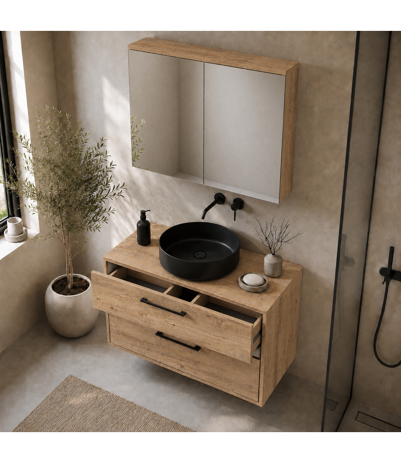 Wastafelkast Florence 80cm met spiegelkast - kastanje eiken