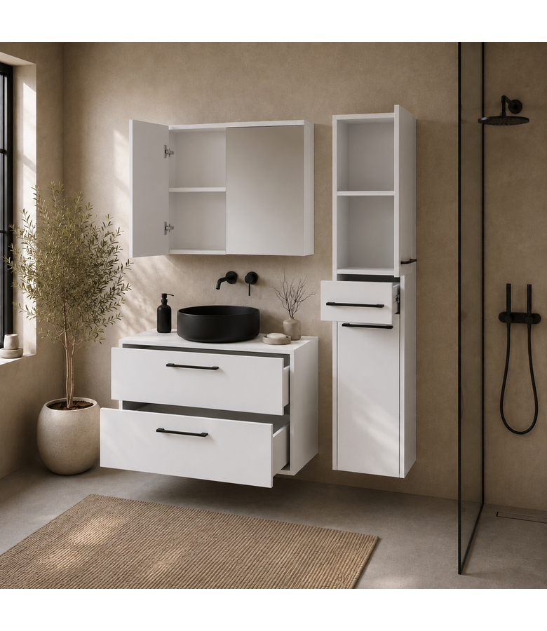 Wastafelkast Florence 80cm complete set met spiegelkast en kolomkast - hoogglans wit
