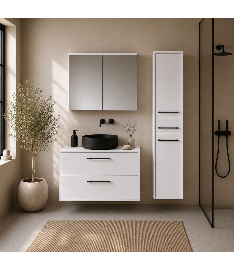 Wastafelkast Florence 80cm complete set met spiegelkast en kolomkast - hoogglans wit