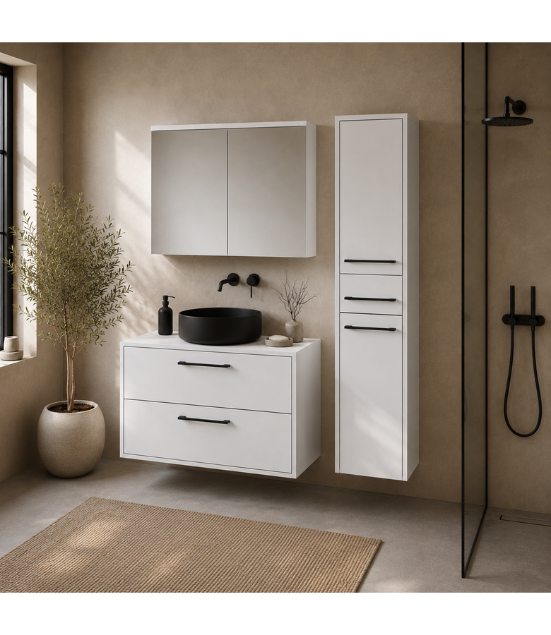 Wastafelkast Florence 80cm complete set met spiegelkast en kolomkast - hoogglans wit