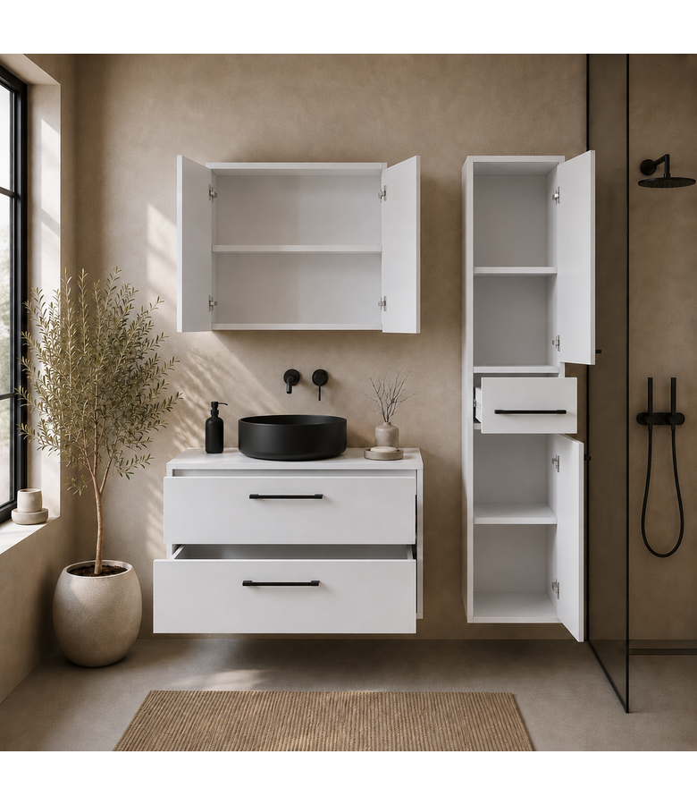 Wastafelkast Florence 80cm complete set met spiegelkast en kolomkast - hoogglans wit