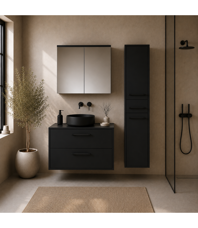 Wastafelkast Florence 80cm complete set met spiegelkast en kolomkast - mat zwart
