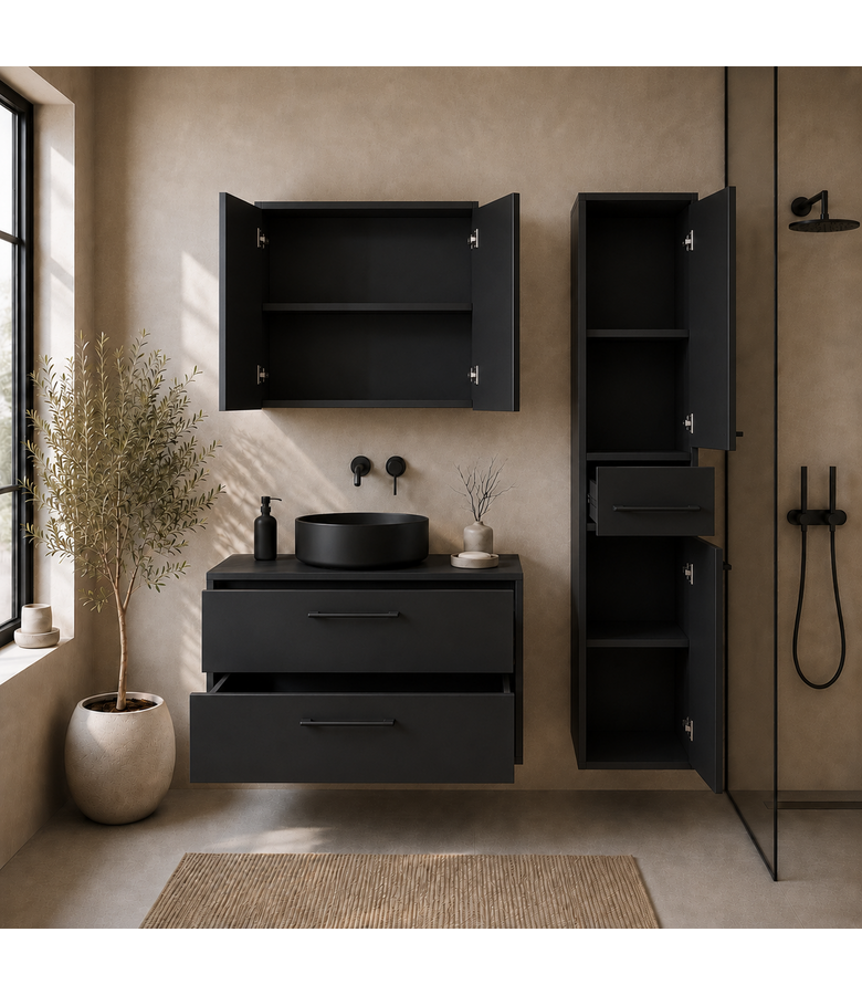 Wastafelkast Florence 80cm complete set met spiegelkast en kolomkast - mat zwart