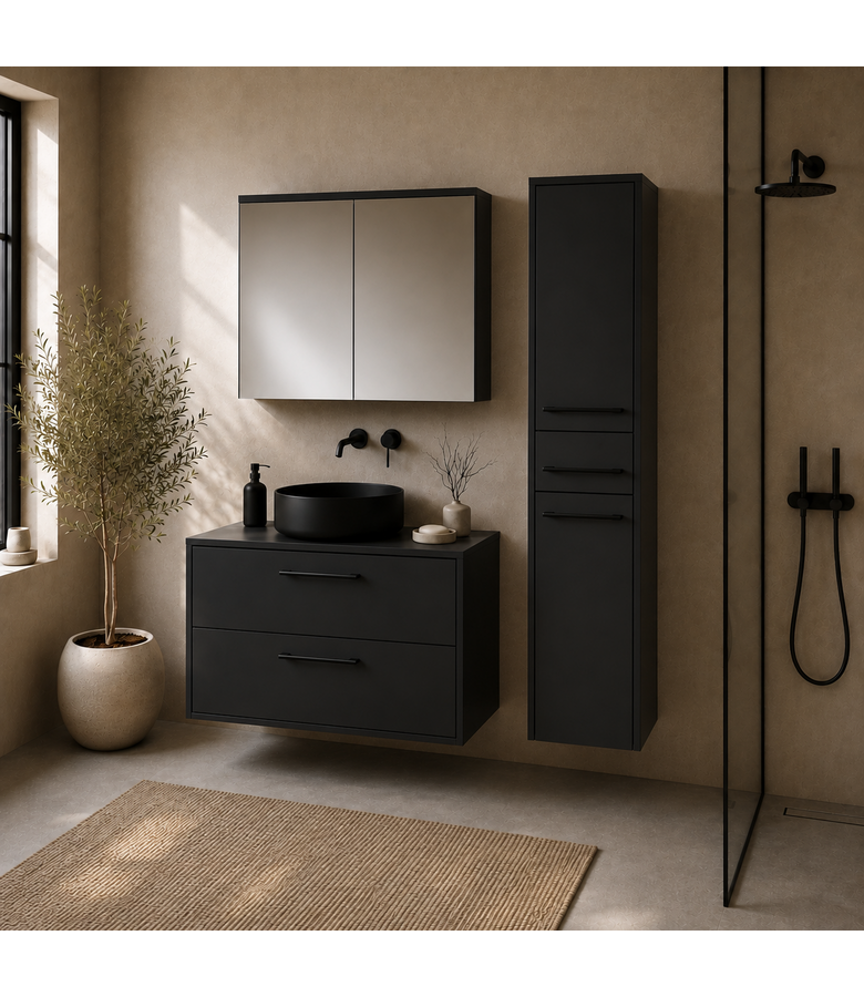 Wastafelkast Florence 80cm complete set met spiegelkast en kolomkast - mat zwart