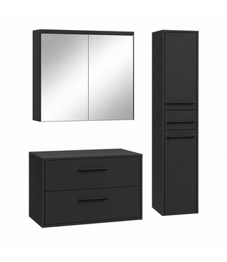 Wastafelkast Florence 80cm complete set met spiegelkast en kolomkast - mat zwart