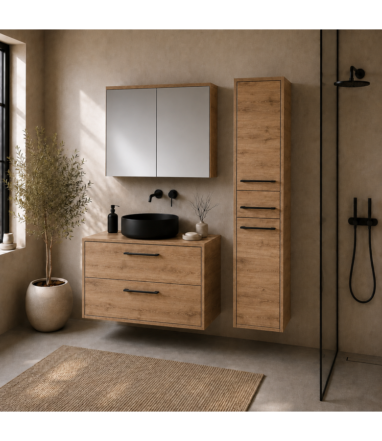 Wastafelkast Florence 80cm complete set met spiegelkast en kolomkast - kastanje eiken