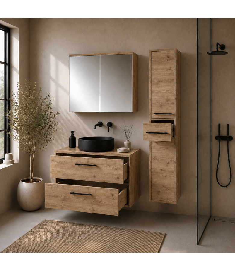Wastafelkast Florence 80cm complete set met spiegelkast en kolomkast - kastanje eiken