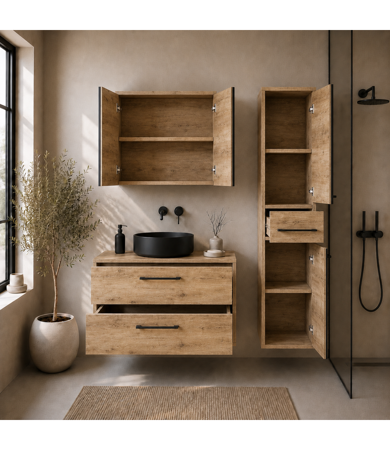 Wastafelkast Florence 80cm complete set met spiegelkast en kolomkast - kastanje eiken