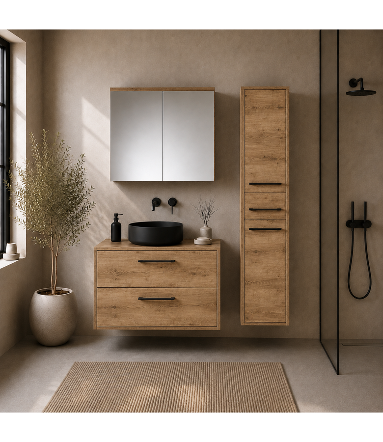 Wastafelkast Florence 80cm complete set met spiegelkast en kolomkast - kastanje eiken