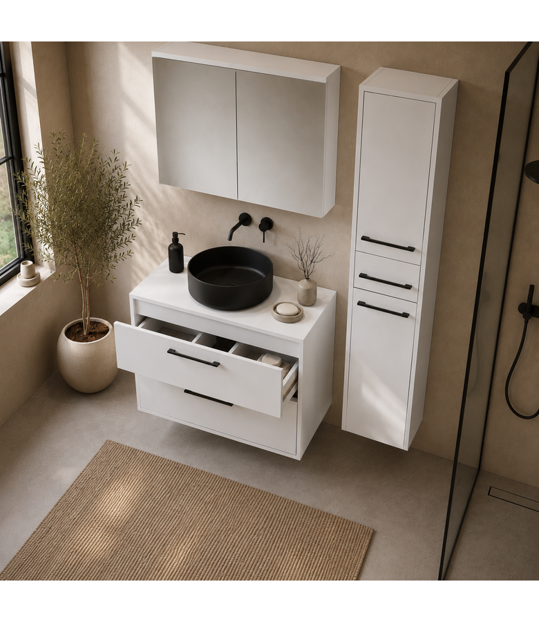 Wastafelkast Florence 80cm complete set met spiegelkast en kolomkast - hoogglans wit