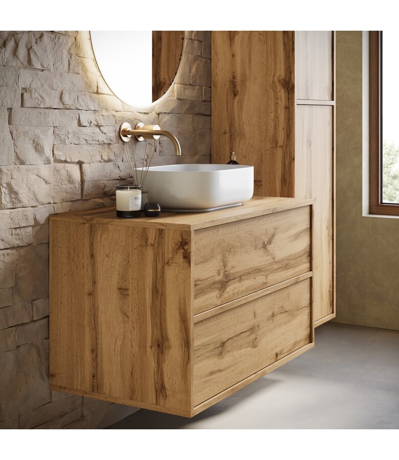 Wastafelkast Mali met kolomkast - 80 x 46 x 54 cm - eiken