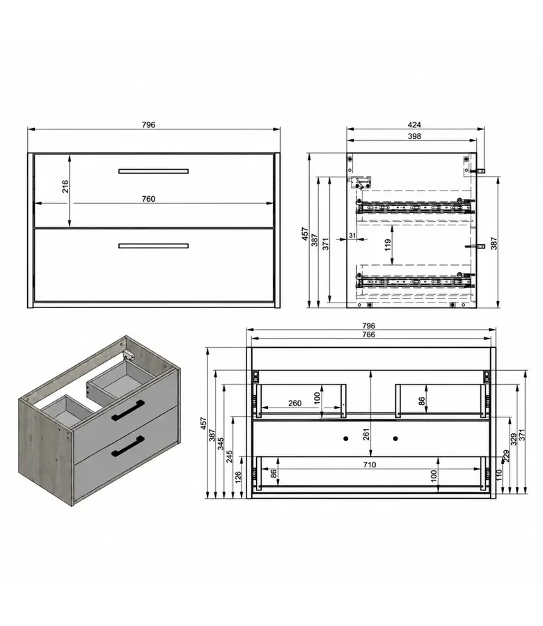 Wastafelkast Florence - 80 x 46 x 46 cm - mat zwart