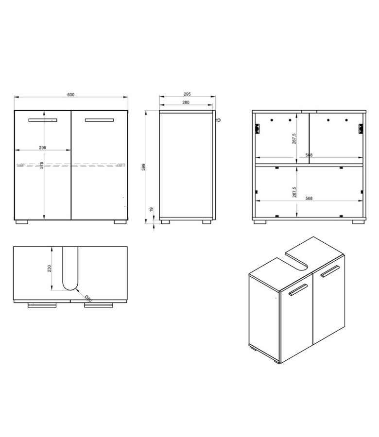 Wastafelkast Jupiter 60 x 30 x 60 cm - kastanje eiken met mat zwart