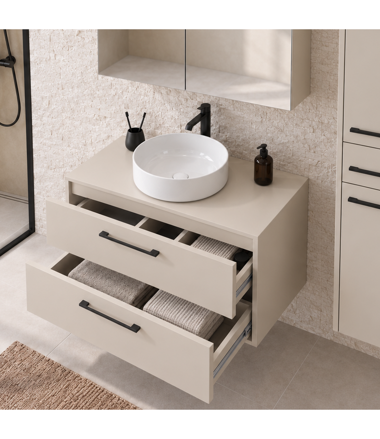 Wastafelkast Florence 80cm complete set met spiegelkast en kolomkast - beige