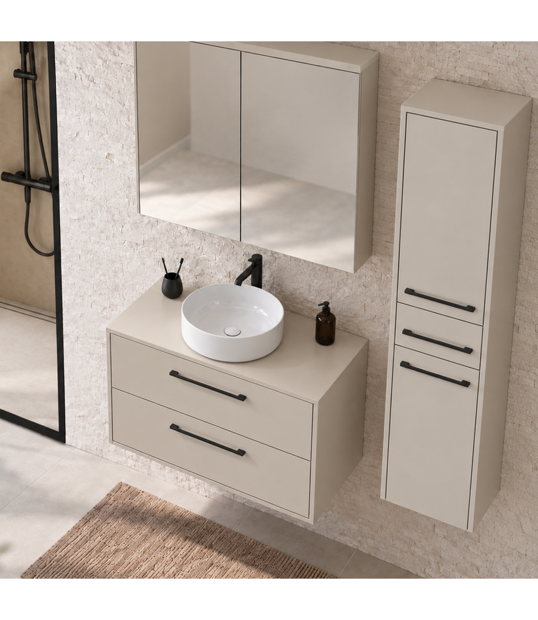 Wastafelkast Florence 80cm complete set met spiegelkast en kolomkast - beige