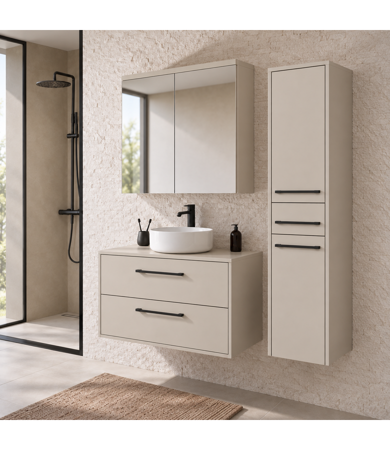 Wastafelkast Florence 80cm complete set met spiegelkast en kolomkast - beige