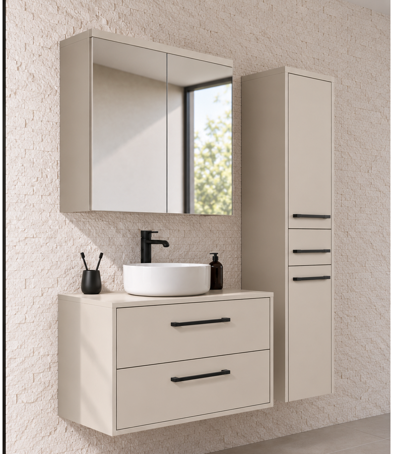Wastafelkast Florence 80cm complete set met spiegelkast en kolomkast - beige