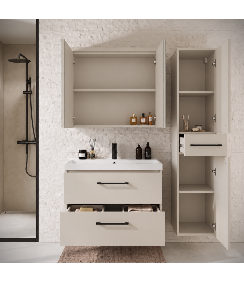 Badkamermeubel Florence 80cm complete set met spiegelkast - beige
